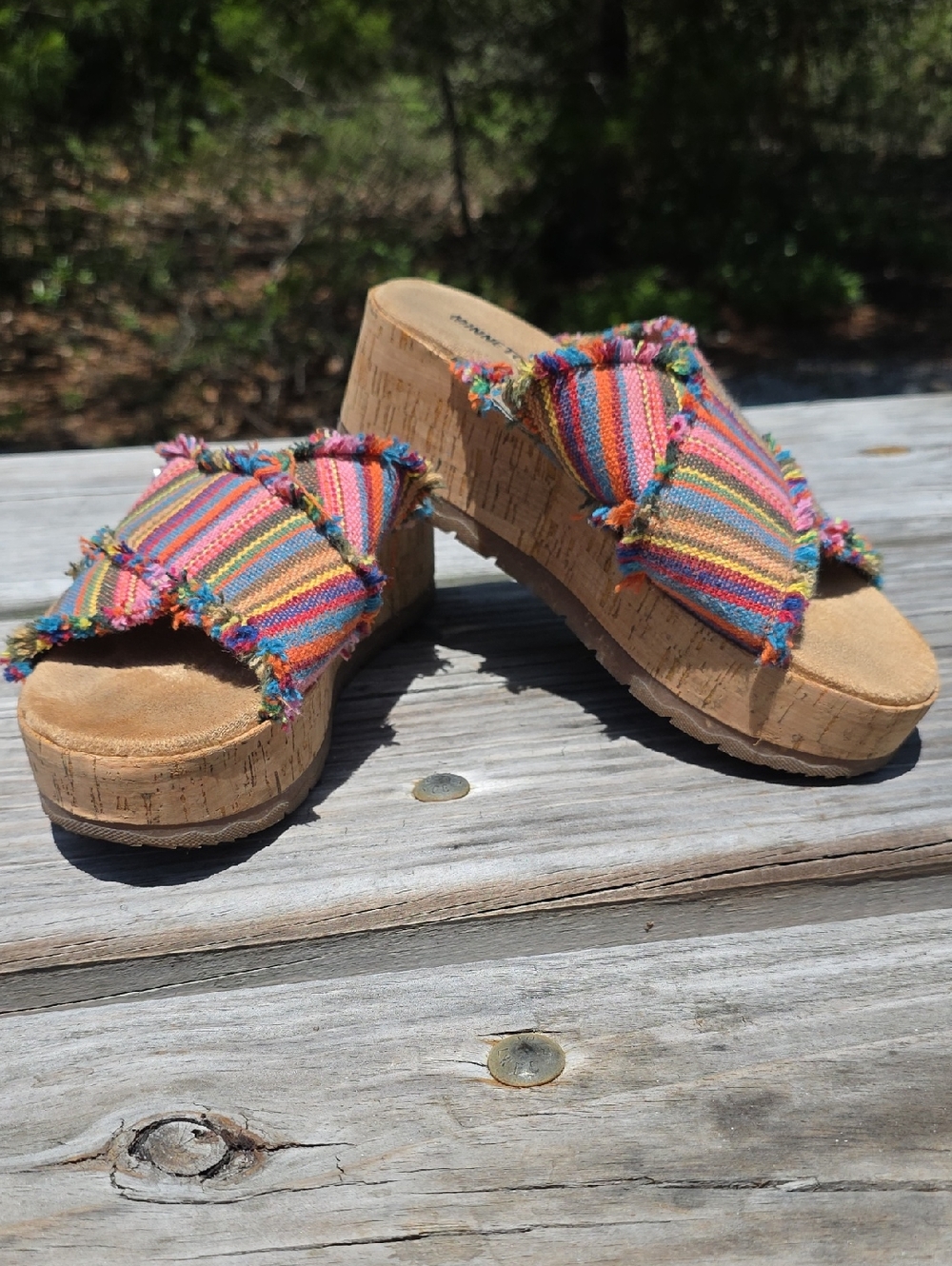 Minnetonka Multicolor Striped Cork Platform Slide Sandals Womens 7